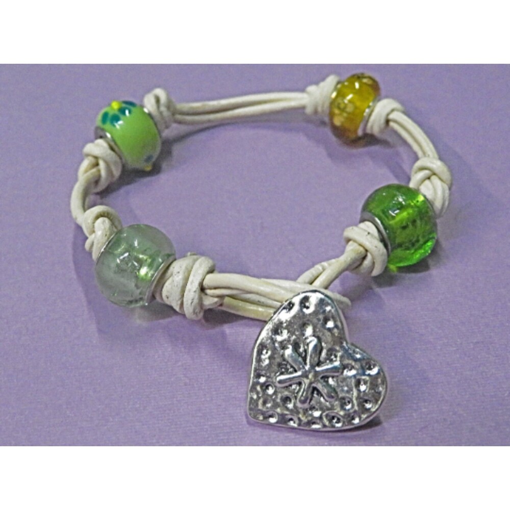 Silver metal Button heart, green lampwork beads on Cream leather bracelet!
